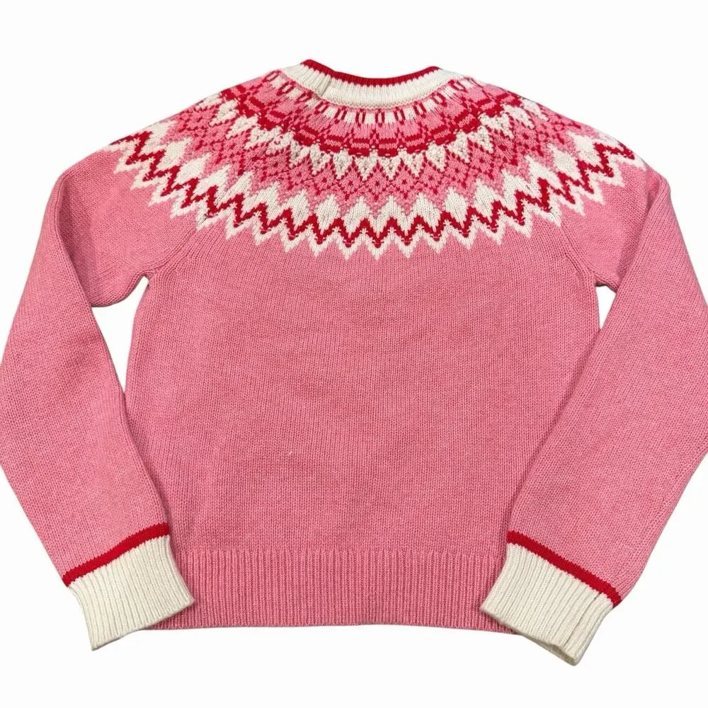 Boden Girls Wool Blend Fair Isle Pink White Red Pom Pom Crew Neck Sweater 6-7